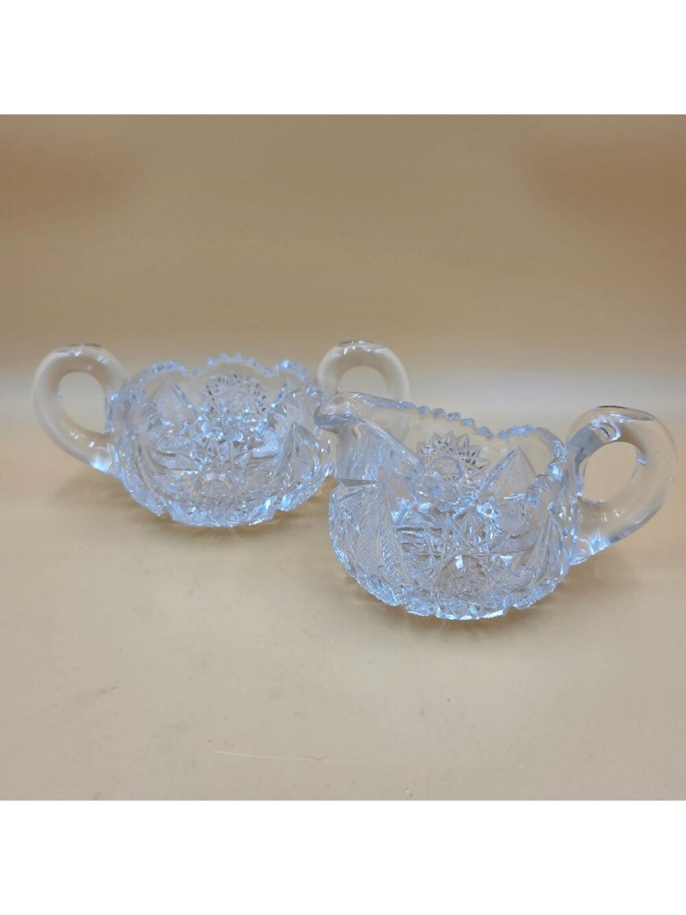 American Brilliant Cut Glass Sugar Creamer Set Hobstar Fan Crosshatch ABP